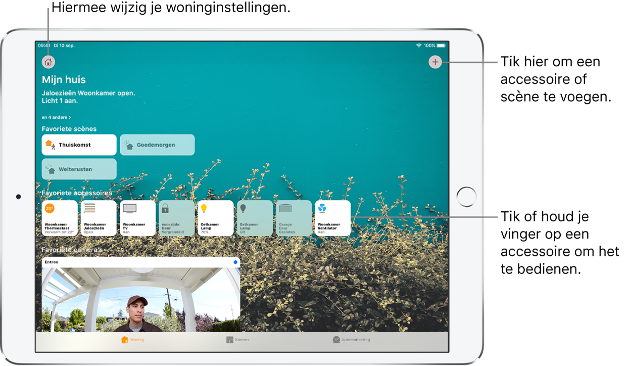 Het tabblad 'Woning'. Bovenaan wordt een overzicht van de status van de woning weergegeven. Daaronder bevinden zich de scènes en accessoires die als favoriet zijn gemarkeerd. Onderaan staan de tabbladen 'Kamers' en 'Automatisering'.