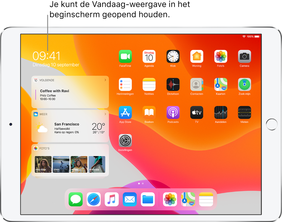 Het beginscherm met widgets van de Vandaag-weergave die in het beginscherm naast de appsymbolen zijn vastgezet. Je ziet onder andere de widgets 'Volgende', 'Weer' en 'Foto's'.