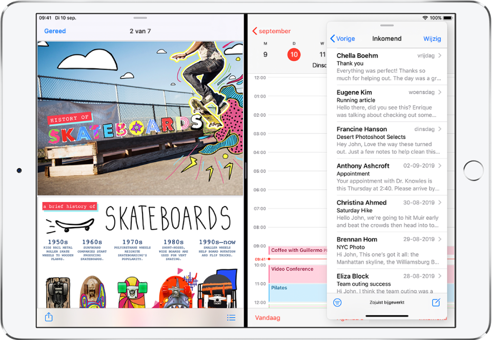 Een grafische app is open aan de linkerkant van het scherm, Agenda is open aan de rechterkant en Mail is open in een Slide Over-venster dat Agenda gedeeltelijk bedekt.