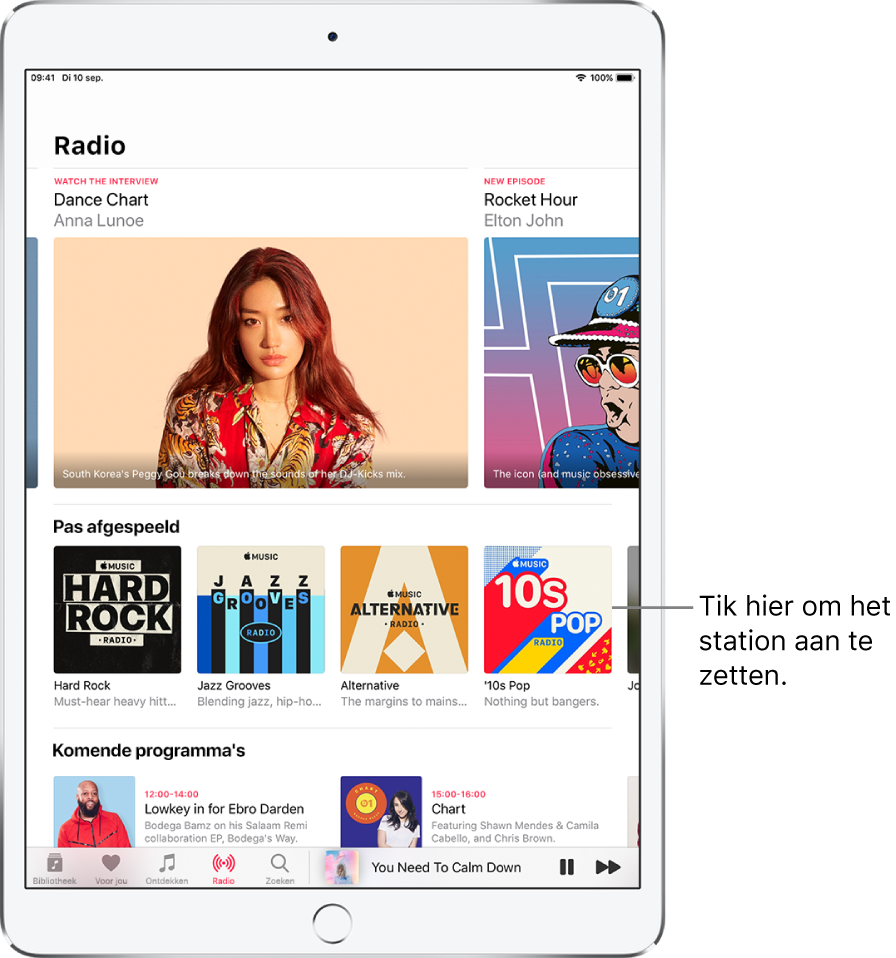 Het Radio-scherm met bovenin een radiostation, in het midden onlangs afgespeelde stations en daaronder het gedeelte met komende programma's.