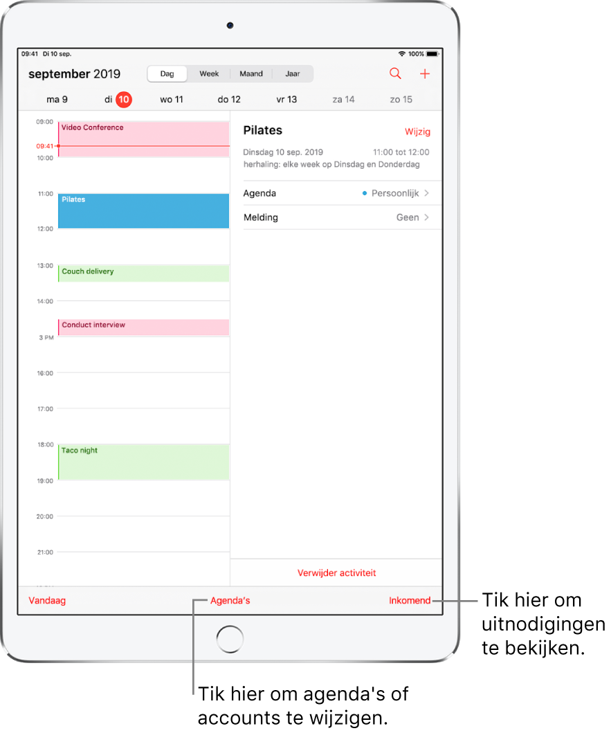 Een agenda in de dagweergave. Tik op de knoppen bovenin om te schakelen tussen de weergaven 'Dag', 'Week', 'Maand' en 'Jaar'. Tik op de knop 'Agenda's onderin om te schakelen tussen agenda's of accounts. Tik op de knop 'Inkomend' rechtsonderin om uitnodigingen te bekijken.