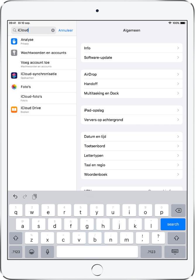 Het scherm om naar instellingen te zoeken, met het zoekveld bovenin. In het zoekveld staat de zoektekst "iCloud" en in de lijst eronder staan de gevonden instellingen.