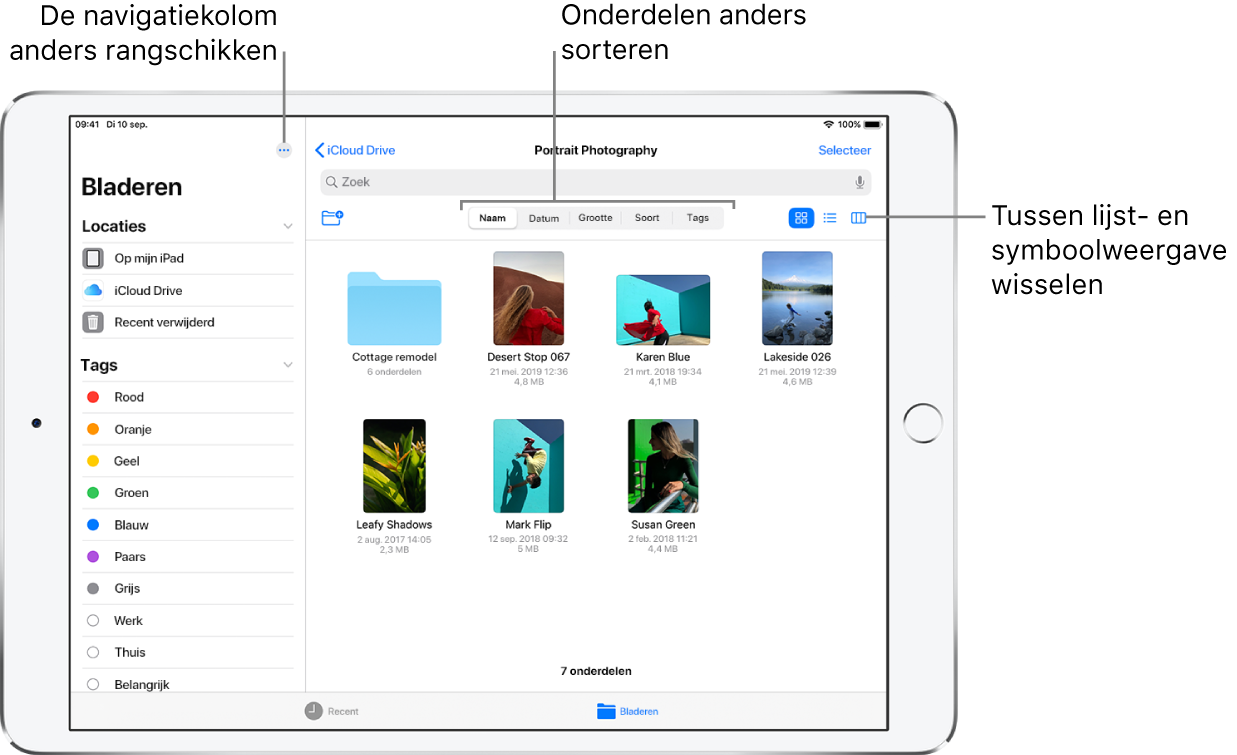 Een iCloud Drive-locatie met knoppen om de navigatiekolom in te delen, om de onderdelen op naam, datum, grootte of tags te sorteren en om tussen de lijst- en symboolweergave te schakelen.