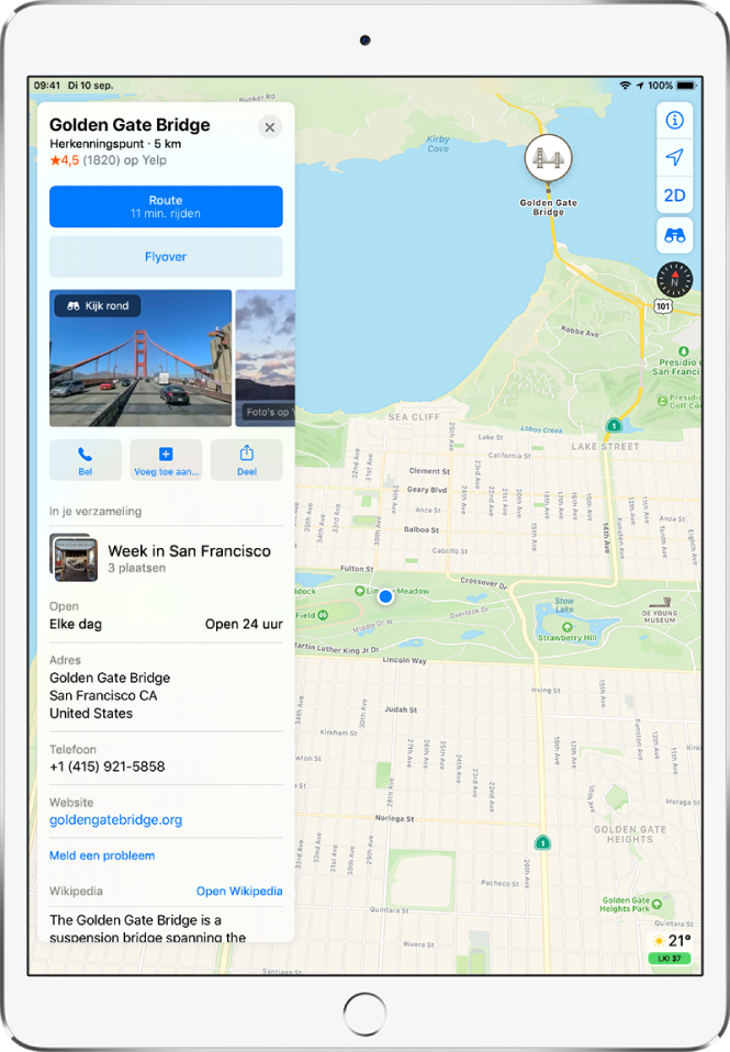 Een kaart met de locatie van een restaurant. Op de informatiekaart aan de linkerkant van het scherm staan verschillende knoppen, waaronder knoppen voor reserveren, een routebeschrijving en het starten van een telefoongesprek. Op de informatiekaart staat ook informatie zoals openingstijden, een adres en een website.