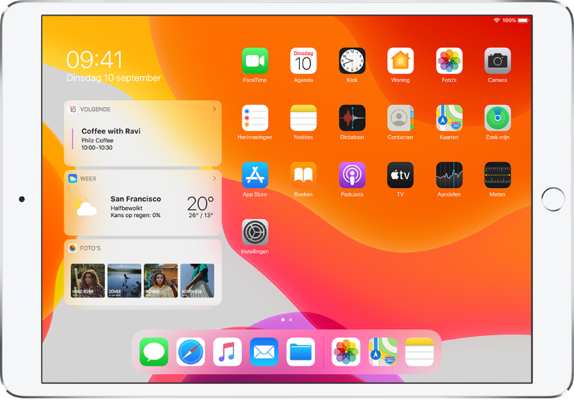 Het beginscherm met links drie vastgemaakte widgets. De widgets zijn Agenda, Weer en Foto's.