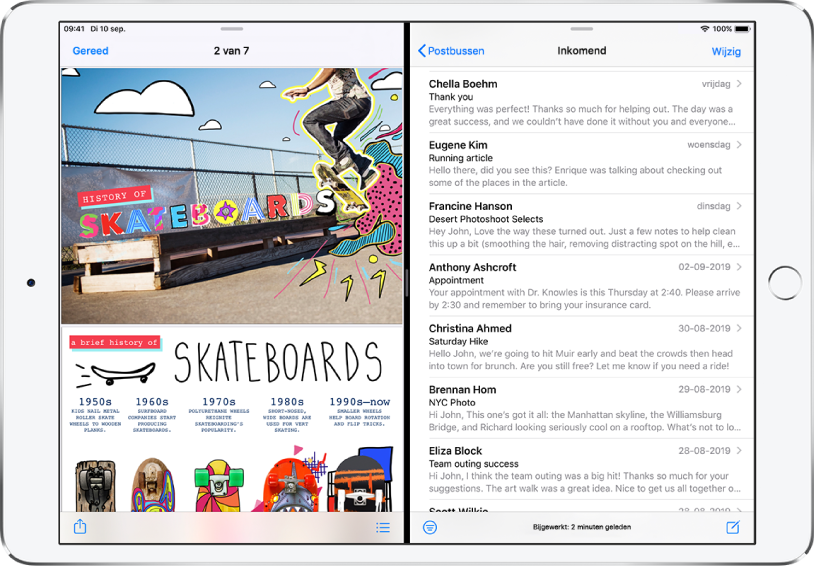 iPad-scherm in Split View. Aan de linkerkant van het scherm is een grafische app geopend en aan de rechterkant Mail.
