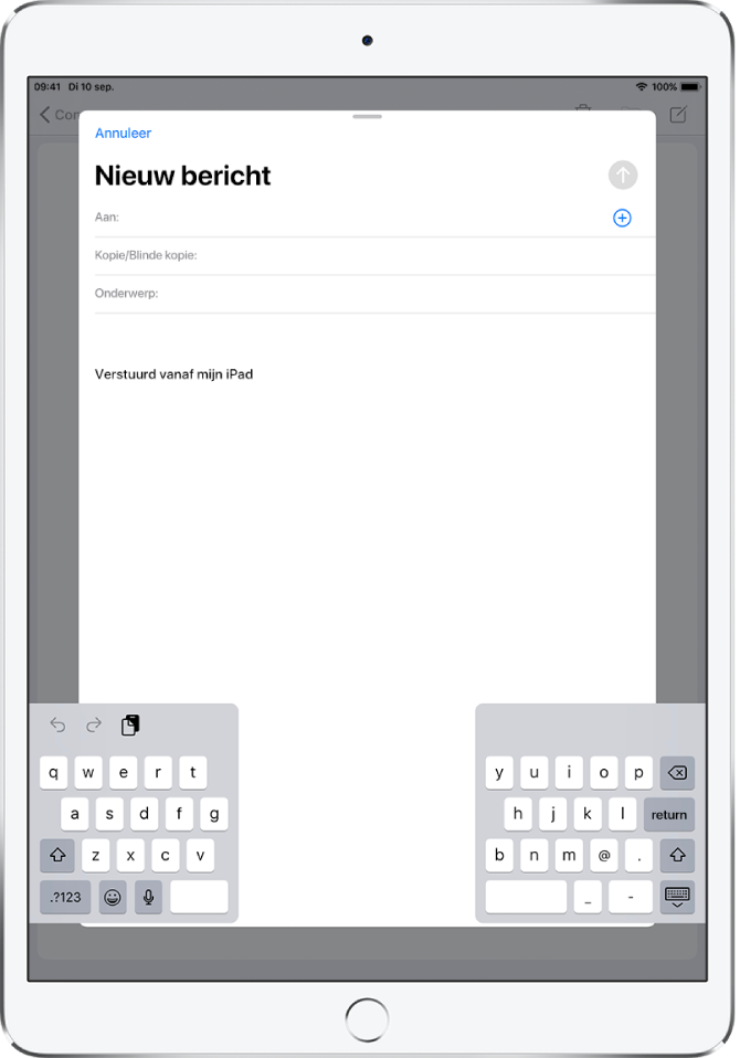Gesplitst zwevend toetsenbord onder in het iPad-scherm.