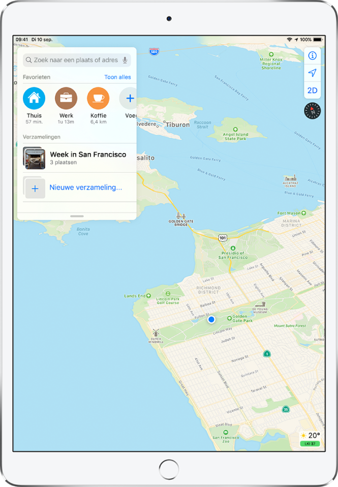 Een uitgevouwen zoekkaart wordt aan de linkerkant van het scherm weergegeven. In het gedeelte 'Verzamelingen' zie je een verzameling met de titel "Week in San Francisco" en een optie voor het maken van een nieuwe verzameling.