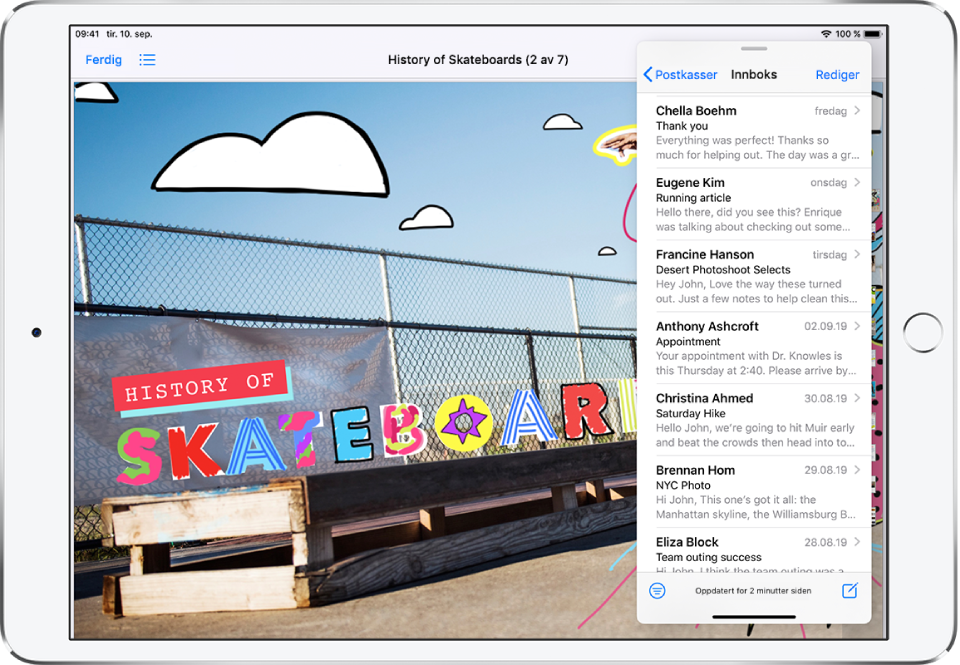 En grafikk-app fyller skjermen. Mail-appen er åpnet i et Slide Over-vindu til høyre på skjermen.