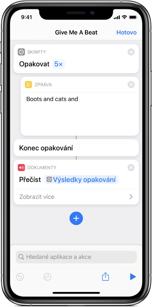 Akce Text vložená do akce Opakovat s nastaveným pětinásobným opakováním