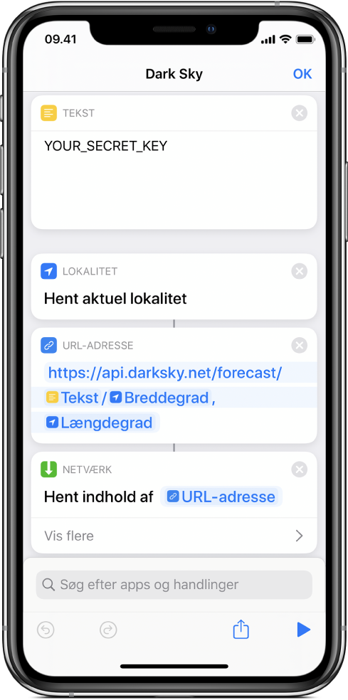 Handlingen Hent aktuel lokalitet, der er tilføjet mellem Tekst-handlingen og handlingen URL-adresse i genvejen, der sender en anmodning til Dark Sky-API'et.