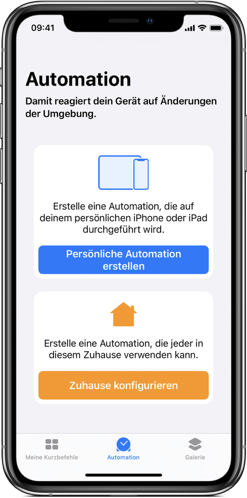 Der Abschnitt „Automation“ in der App „Kurzbefehle“.