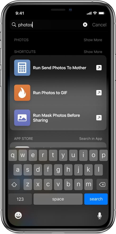 Search for the shortcut keyword “photos” and the results of the search: “Run Send Photos to Mother”, “Run Photos to GIF” and “Run Mask Photos Before Sharing” shortcuts.