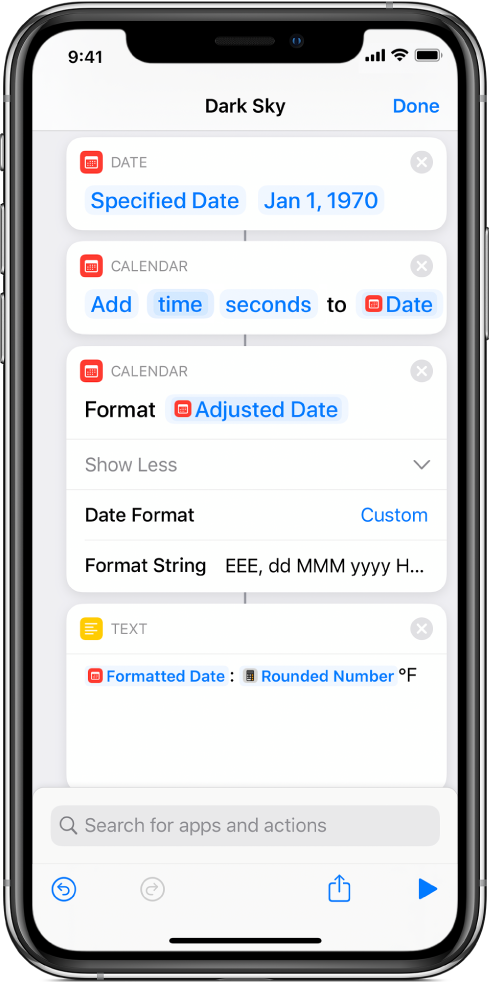 Format Date action with a custom Format String, in the shortcut editor.