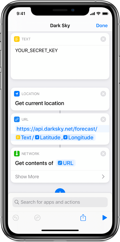 A Get Current Location action added between the Text action and the URL action in the Dark Sky API request shortcut.