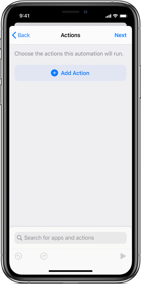 An empty automation in the automation editor of the Shortcuts app.