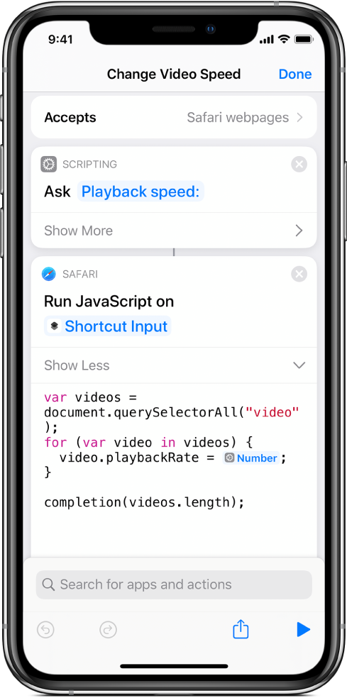 The shortcut editor showing a Run JavaScript on Webpage action containing a Magic Variable.