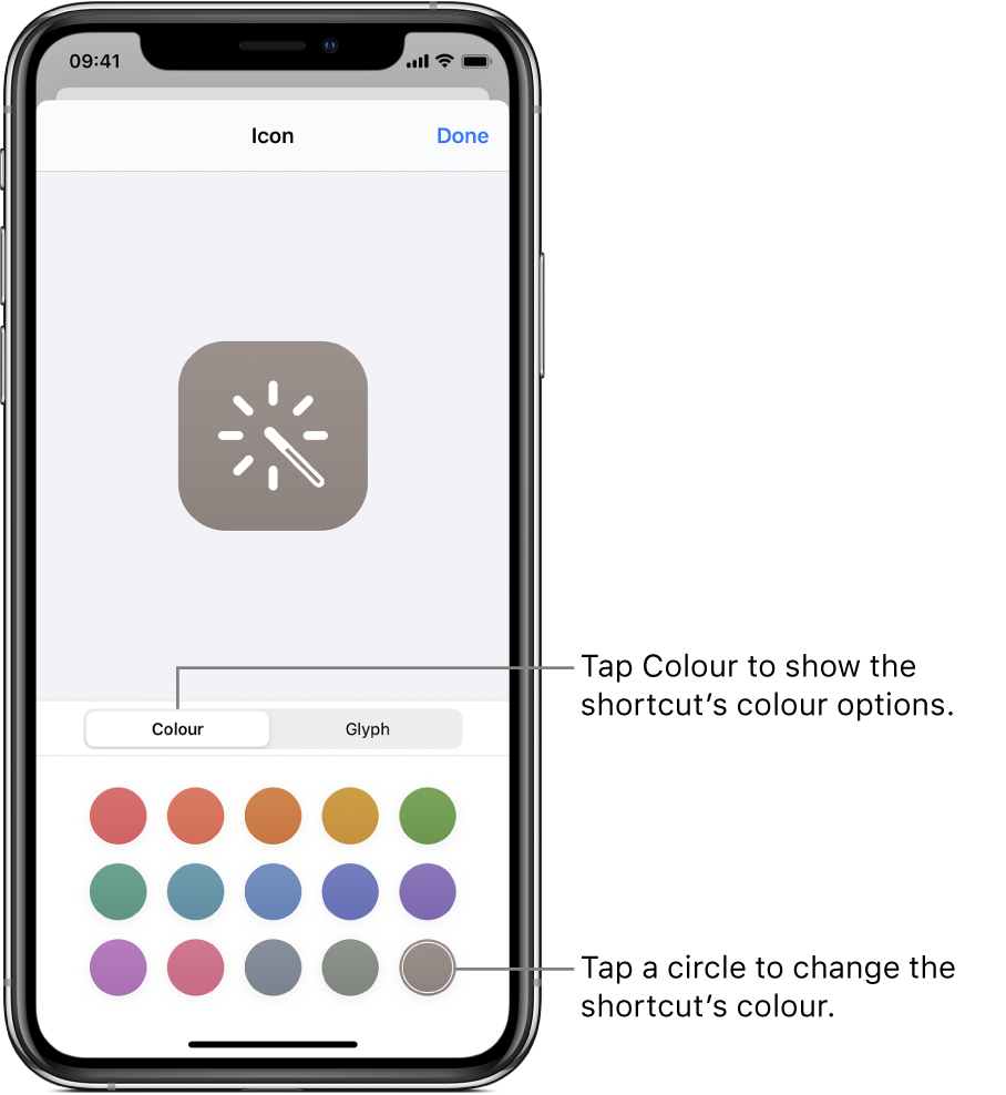 Icon screen showing shortcut colour options.