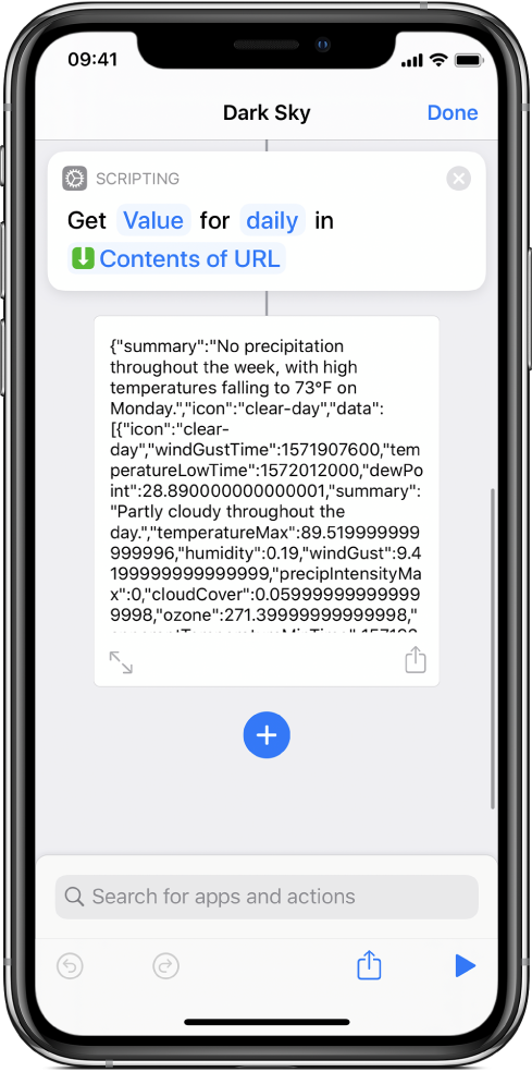 Get Dictionary Value action in the shortcut editor with the key set to daily.