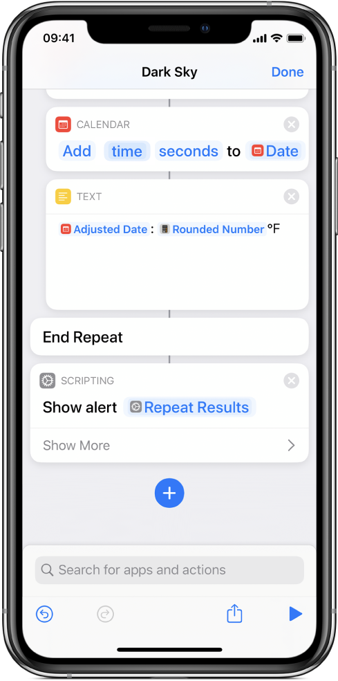 Show Alert action with a Repeat Results variable in the body of the alert’s message.