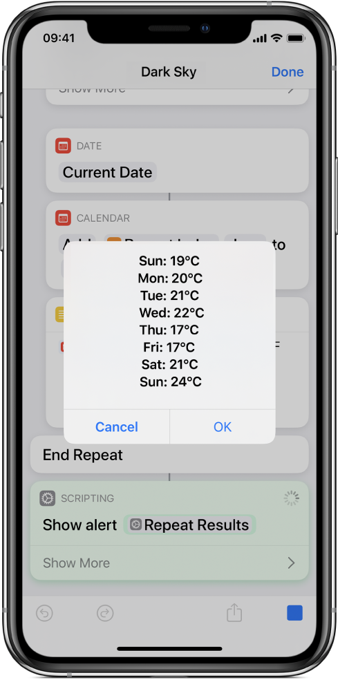 Resulting alert showing the average temperatures for the week, in shortcut editor.