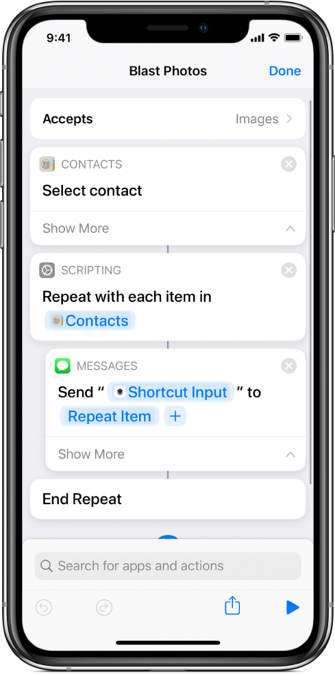 Example shortcut showing "Repeat" actions.