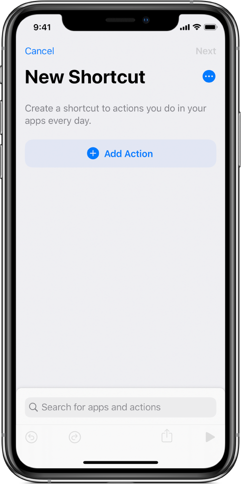Empty shortcut editor on an iPhone.