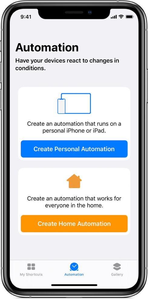 The Automation section of the Shortcuts app.