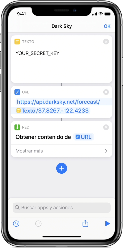 Una Dark Sky API solicita que contenga una acción Texto con una clave API secreta, seguida de una acción URL que apunte hacia el punto final de la API con una variable de clave secreta, seguida de una acción “Obtener contenido de URL”.