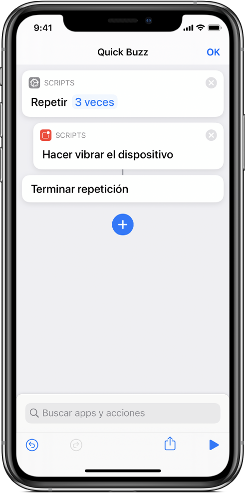 La acción “Hacer vibrar el dispositivo” ajustada para que se repita tres veces.