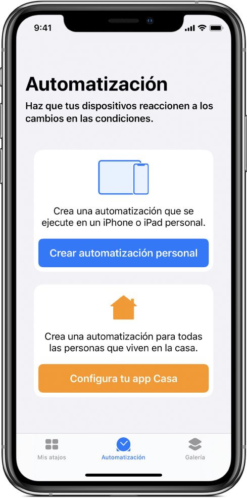La sección Automatización de la app Atajos.