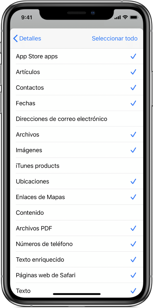 Lista de entrada “Hoja para compartir” que muestra los tipos de contenido disponibles para un atajo si se ejecuta desde otra app.