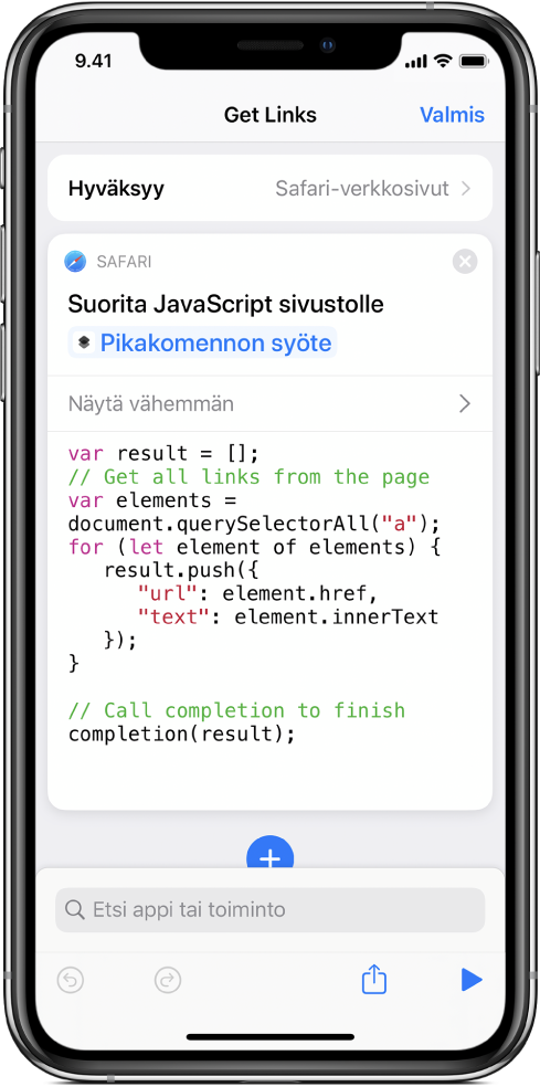 Suorita JavaScript verkkosivulla -toiminto pikakomentoeditorissa.