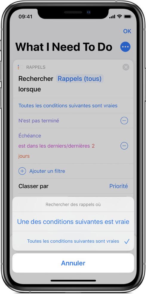 L’action Rechercher des rappels où affichant les options « Toutes les conditions suivantes sont vraies ».