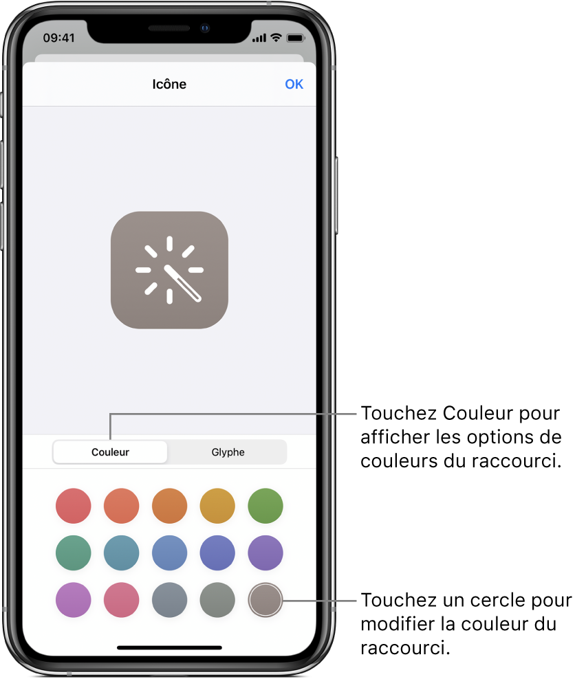 Écran de l’icône présentant les options de couleur de raccourci.