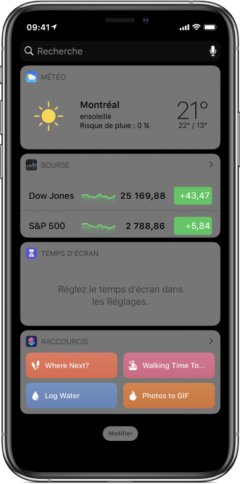 Widget Raccourcis dans la vue Aujourd’hui sur l’iPhone.