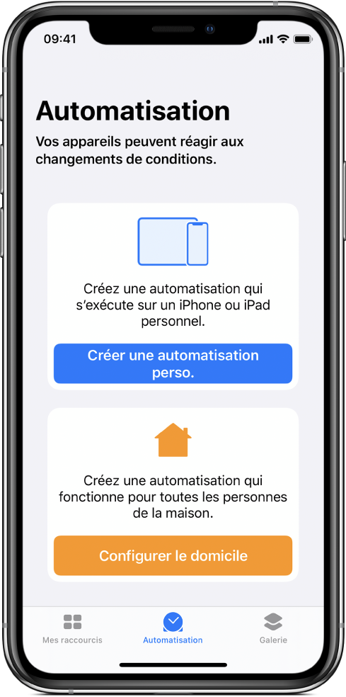 La section Automatisation de l’app Raccourcis.