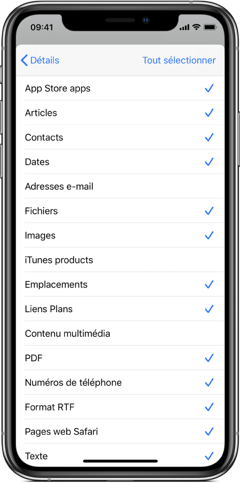 Liste d’entrées de Feuille de partage montrant les types de contenus disponibles pour un raccourci lorsqu’il est exécuté depuis une autre app.