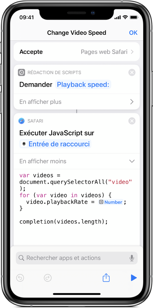 L’éditeur de raccourci affichant une action « Exécuter JavaScript sur une page web » contenant une variable magique.