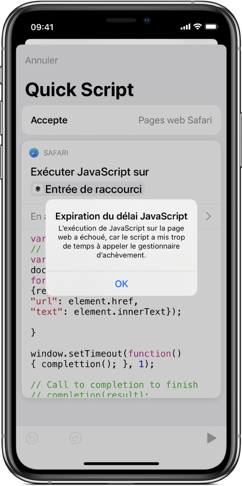 L’éditeur de raccourci affichant le message d’erreur Expiration du délai JavaScript.