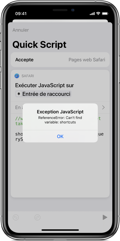 L’éditeur de raccourci affichant le message d’erreur Exception JavaScript.