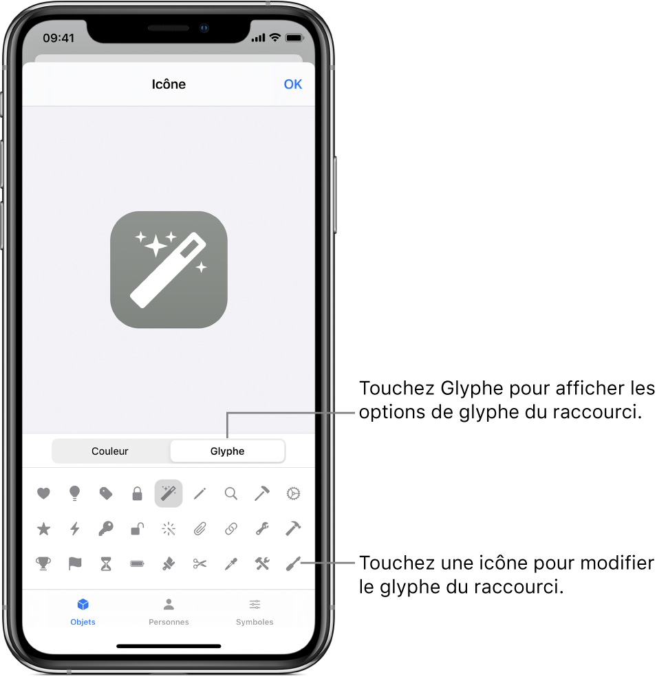 Écran Icône affichant les options de glyphe du raccourci.