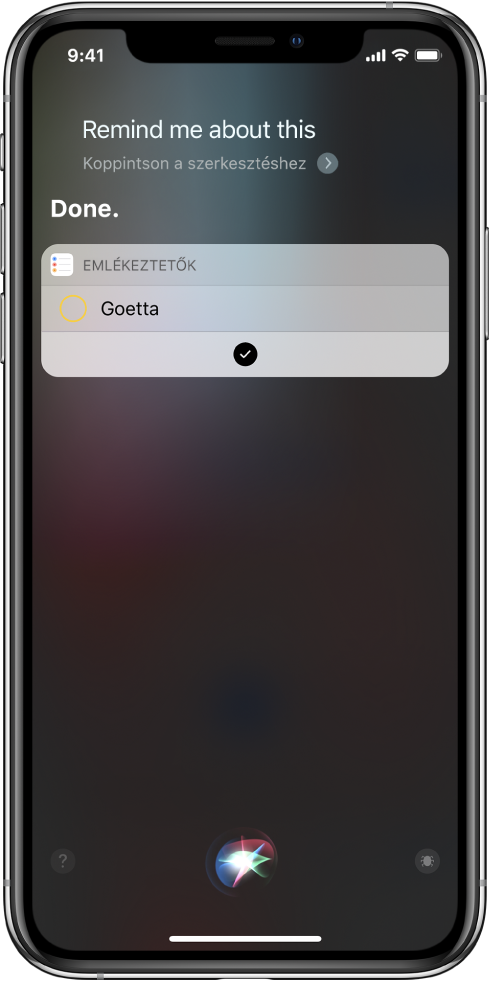 A Siri képernyője egy parancs emlékeztetőkhöz való hozzáadását megjelenítve.