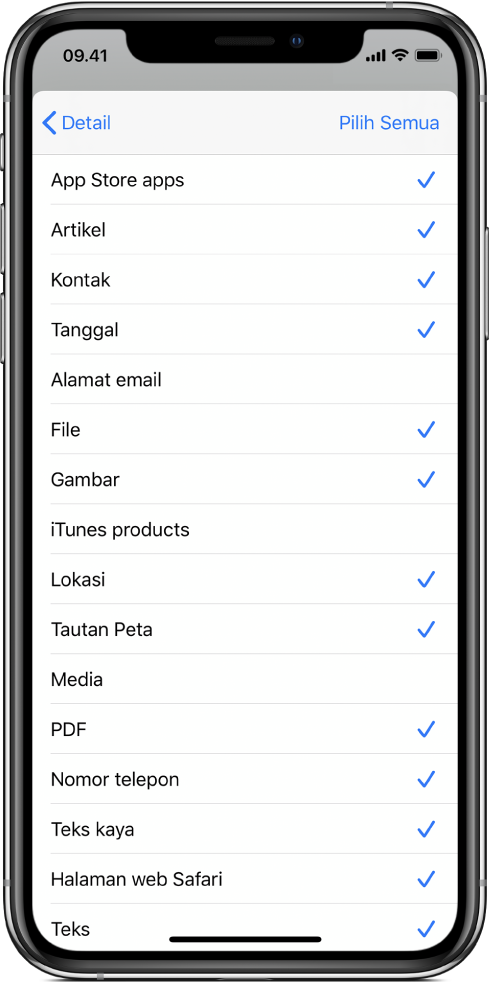 Daftar input Lembar Berbagi menampilkan jenis konten yang tersedia bagi pintasan saat dijalankan dari app lain.