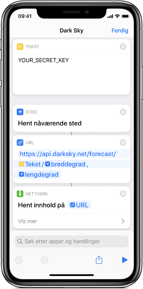 En hent nåværende sted-handling lagt til mellom Tekst-handlingen og URL-handlingen i Dark Sky API-forespørsel-snarveien.