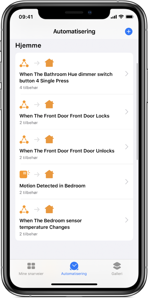 Hjemautomatisering i Snarveier-appen.