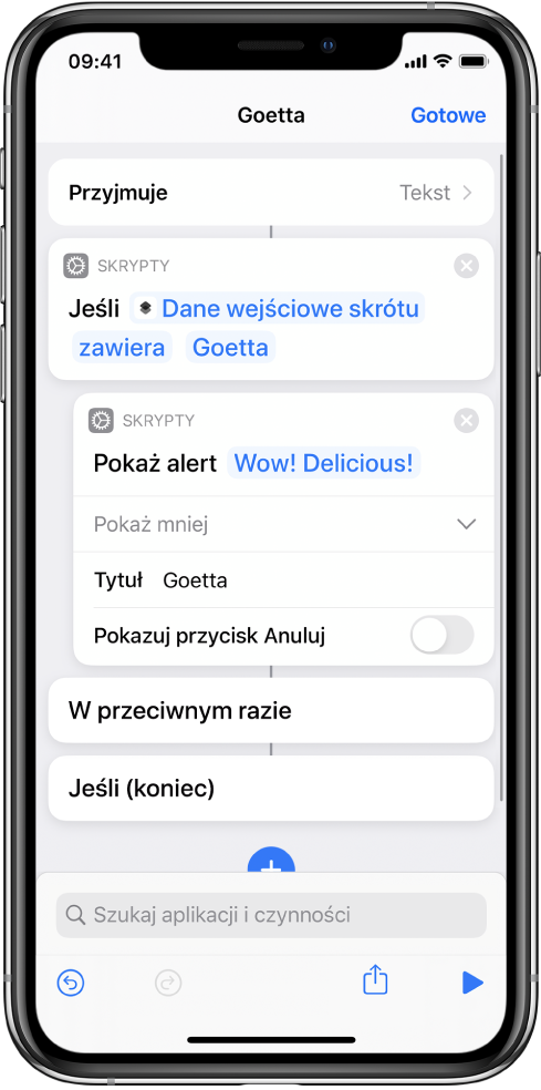 Przykładowy skrót zawierający czynności „Jeśli”.