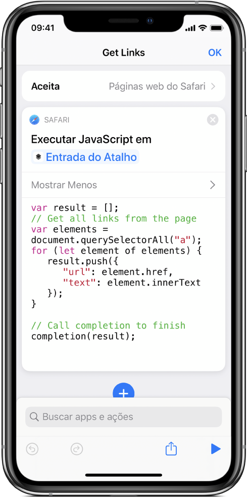 A ação “Executar JavaScript na Página Web” no editor de atalhos.