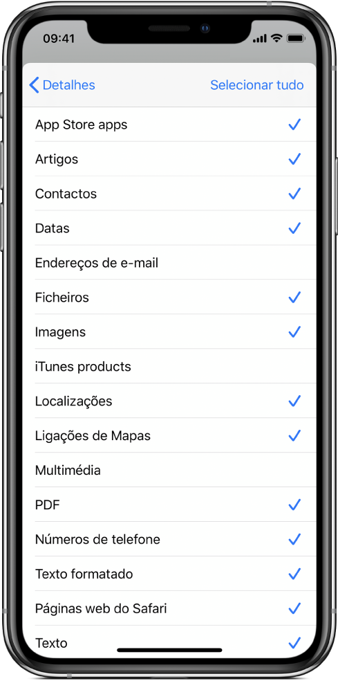 Lista de entrada “Folha de partilha” a mostrar os tipos de conteúdo disponíveis para um atalho quando é executado a partir de outra aplicação.