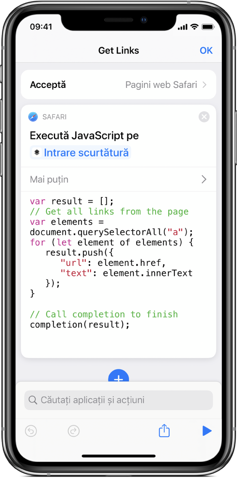 Acțiunea “Executare JavaScript pe pagina web” în editorul de scurtături.